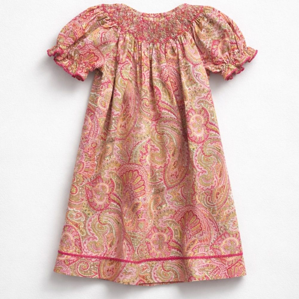 Southern Sunshine Kids Pink and green paisley smocked Bishop puff sleeve dress